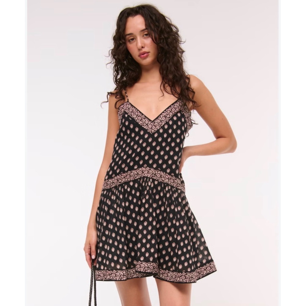 Abercrombie & Fitch Black Pink Geometric Drop Waist Romper Mini Dress Small Tall